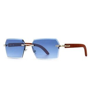 Rimless Sunglasses Men Designer Luxury Gold Frame Blue Lens Fashion Shades Gafas